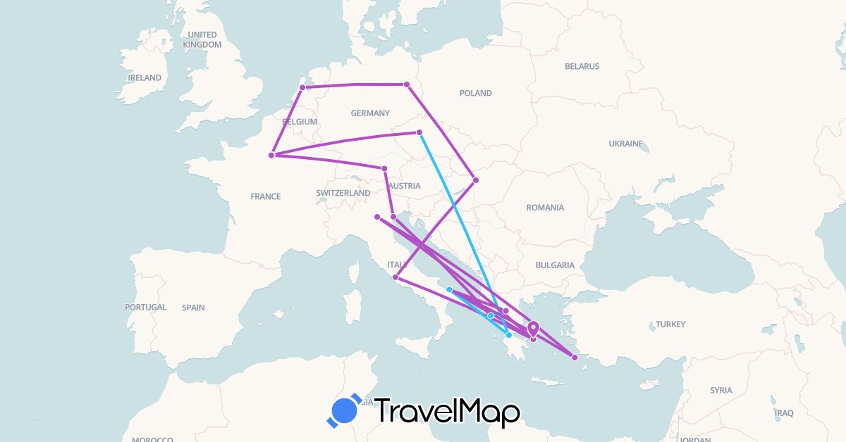 TravelMap itinerary: driving, train, boat in Czech Republic, Germany, France, Greece, Hungary, Italy, Netherlands (Europe)